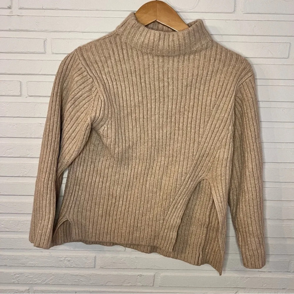 Mango MNG Neutral Tan Split Hem Ribbed Sweater, Women’s Size Small - Picture 1 of 7